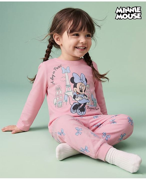 Babyhug Disney Single Jersey Knit Full Sleeves T-Shirt & Pajama Night Suit with Minnie Mouse Graphics - Light Pink