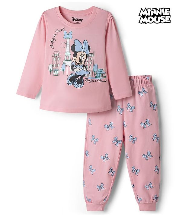 Babyhug Disney Single Jersey Knit Full Sleeves T-Shirt & Pajama Night Suit with Minnie Mouse Graphics - Light Pink