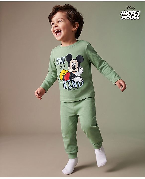 Babyhug Disney 100% Cotton Knit Full Sleeves T-Shirt & Pyjama Night Suit With Mickey Mouse Graphic - Green