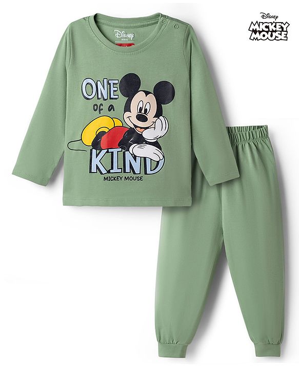 Babyhug Disney 100% Cotton Knit Full Sleeves T-Shirt & Pyjama Night Suit With Mickey Mouse Graphic - Green
