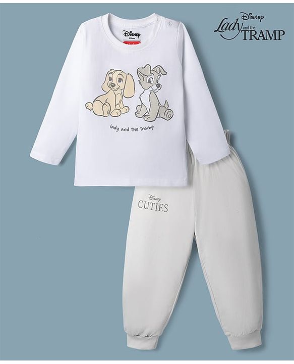 Babyhug Disney Single Jersey Knit Full Sleeves T-shirt & Pyjama Night Suit With Lady and the Tramp Graphic -grey