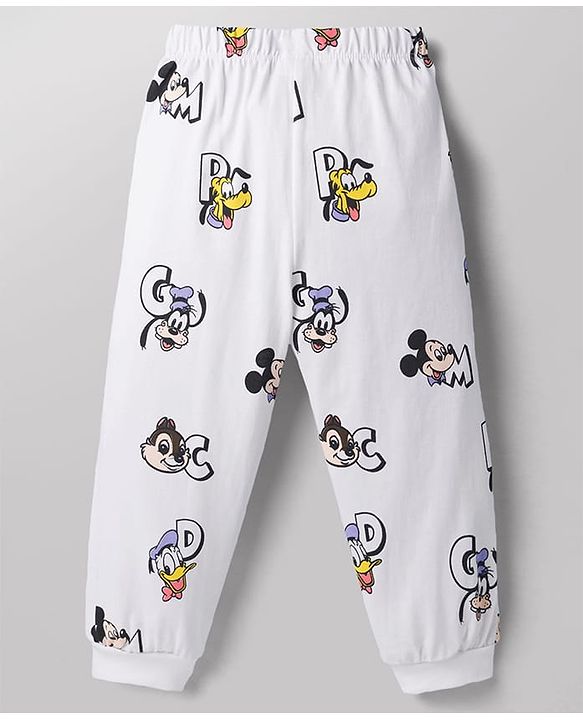 Babyhug Disney 100% Cotton Knit Full Sleeves T-Shirt & Pyjama Night Suit With Mickey Mouse Graphic - White