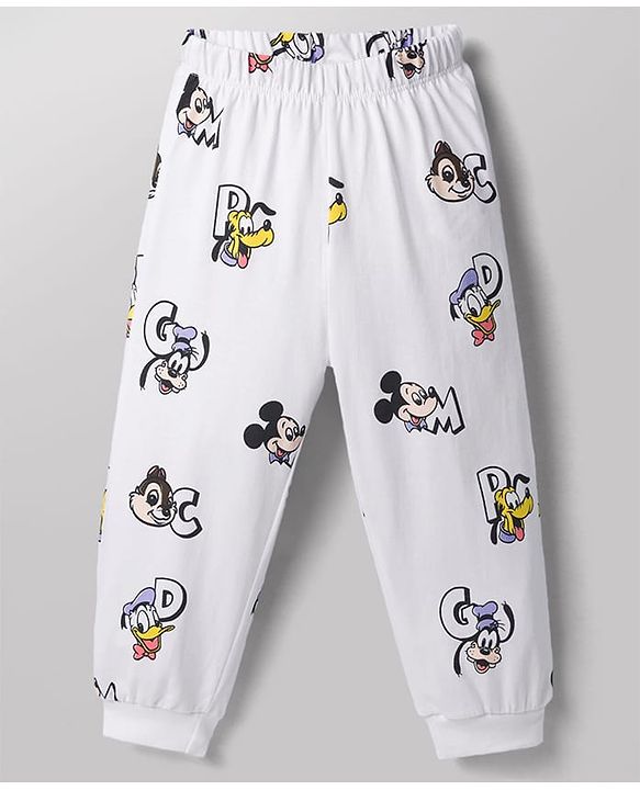 Babyhug Disney 100% Cotton Knit Full Sleeves T-Shirt & Pyjama Night Suit With Mickey Mouse Graphic - White