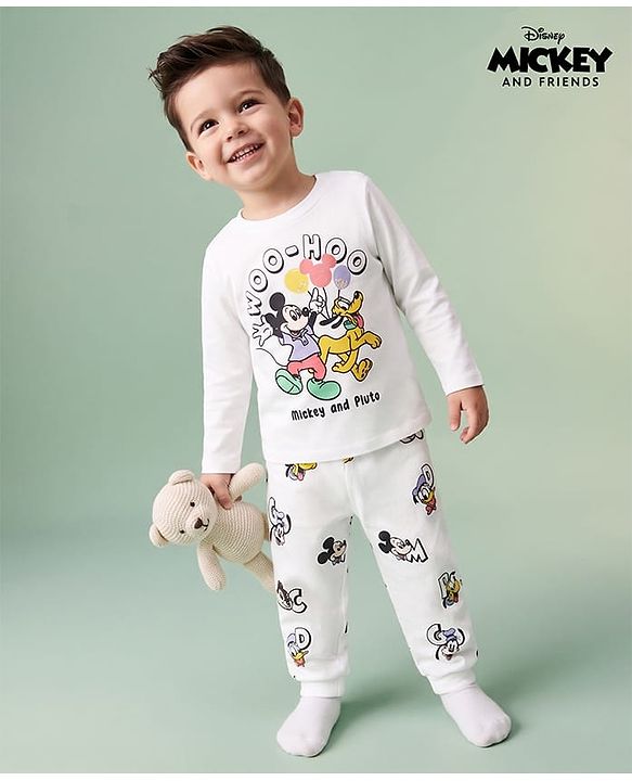 Babyhug Disney 100% Cotton Knit Full Sleeves T-Shirt & Pyjama Night Suit With Mickey Mouse Graphic - White