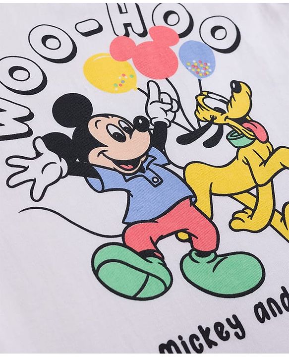 Babyhug Disney 100% Cotton Knit Full Sleeves T-Shirt & Pyjama Night Suit With Mickey Mouse Graphic - White