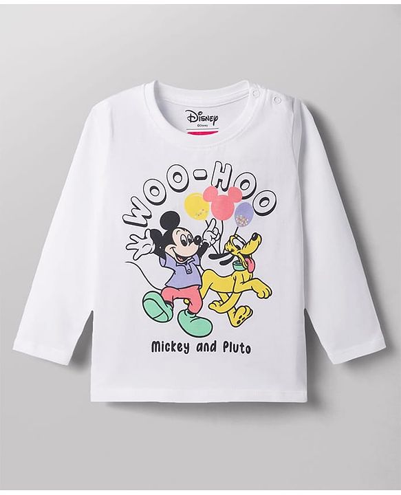 Babyhug Disney 100% Cotton Knit Full Sleeves T-Shirt & Pyjama Night Suit With Mickey Mouse Graphic - White