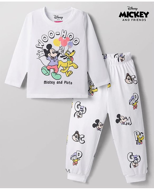 Babyhug Disney 100% Cotton Knit Full Sleeves T-Shirt & Pyjama Night Suit With Mickey Mouse Graphic - White