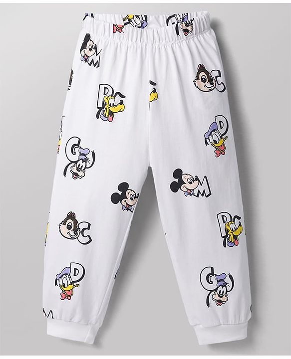 Babyhug Disney 100% Cotton Knit Full Sleeves T-Shirt & Pyjama Night Suit With Mickey Mouse Graphic - White