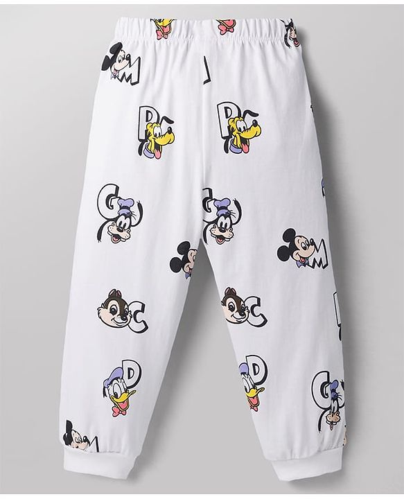 Babyhug Disney 100% Cotton Knit Full Sleeves T-Shirt & Pyjama Night Suit With Mickey Mouse Graphic - White