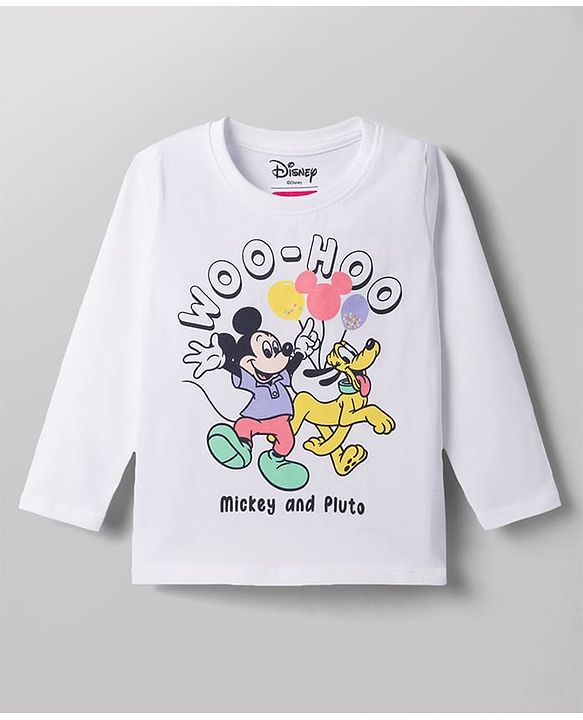 Babyhug Disney 100% Cotton Knit Full Sleeves T-Shirt & Pyjama Night Suit With Mickey Mouse Graphic - White