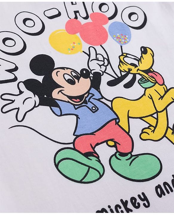 Babyhug Disney 100% Cotton Knit Full Sleeves T-Shirt & Pyjama Night Suit With Mickey Mouse Graphic - White