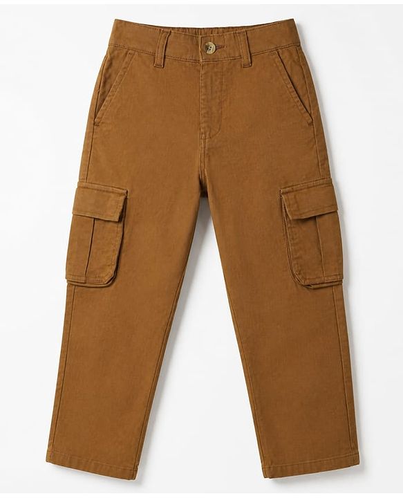 Pine Kids Cotton Elastane Woven Full Length Solid Trousers With Cargo Pockets in Brown