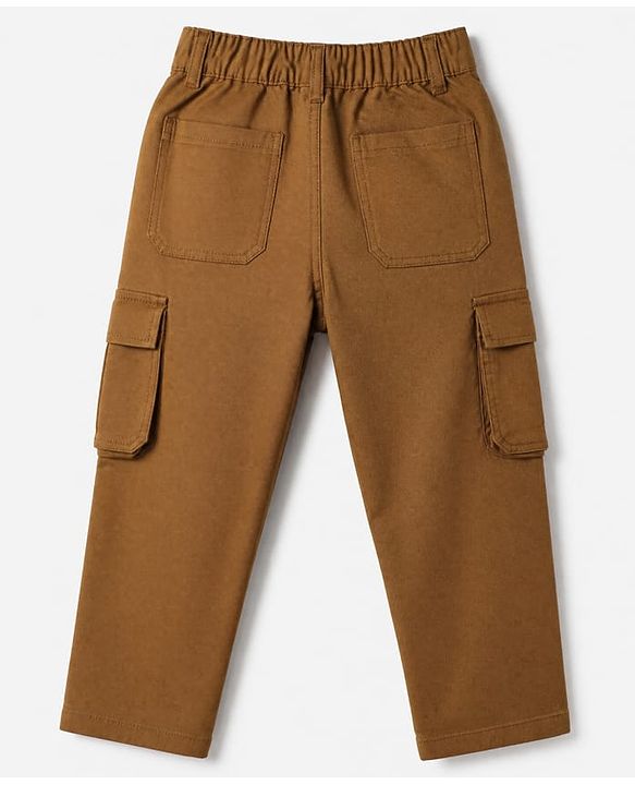 Pine Kids Cotton Elastane Woven Full Length Solid Trousers With Cargo Pockets in Brown