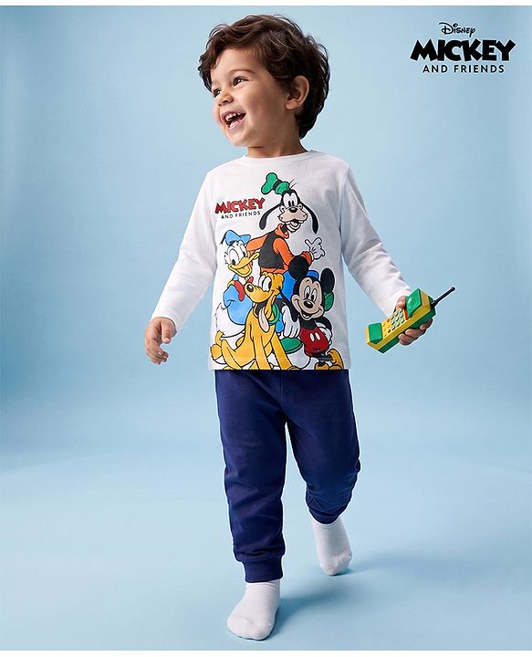 Babyhug Disney 100% Cotton Knit Full Sleeves T-Shirt & Pyjama Night Suit With Mickey & Family Graphic - Blue