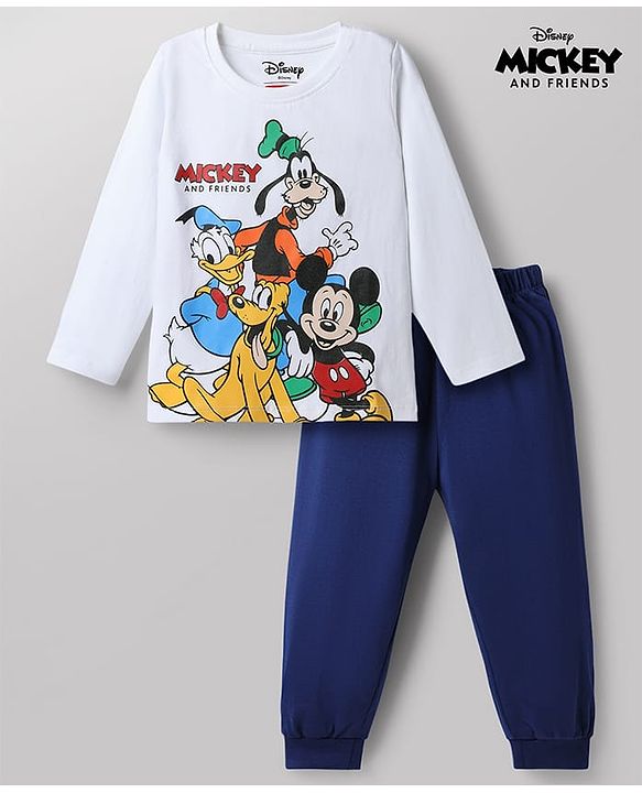 Babyhug Disney 100% Cotton Knit Full Sleeves T-Shirt & Pyjama Night Suit With Mickey & Family Graphic - Blue