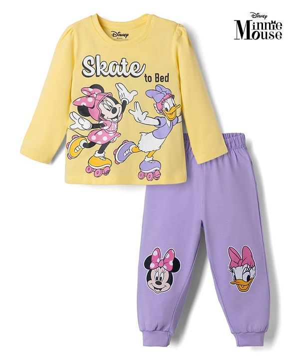 Babyhug Disney Single Jersey Knit Full Sleeves T-Shirt & Pyjama Night Suit with Minnie & Daisy Duck Graphics - Yellow