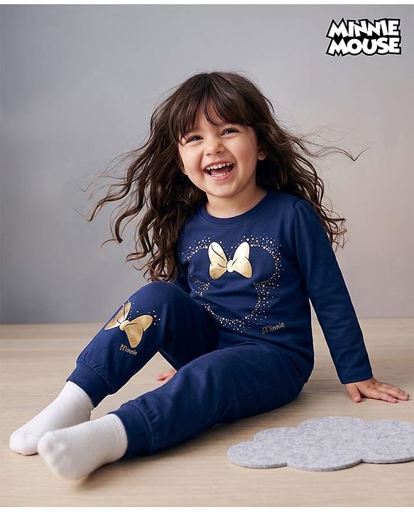 Babyhug Disney Single Jersey Knit Full Sleeves T-Shirt & Pyjama Night Suit with Minnie Mouse Graphics - Navy Blue