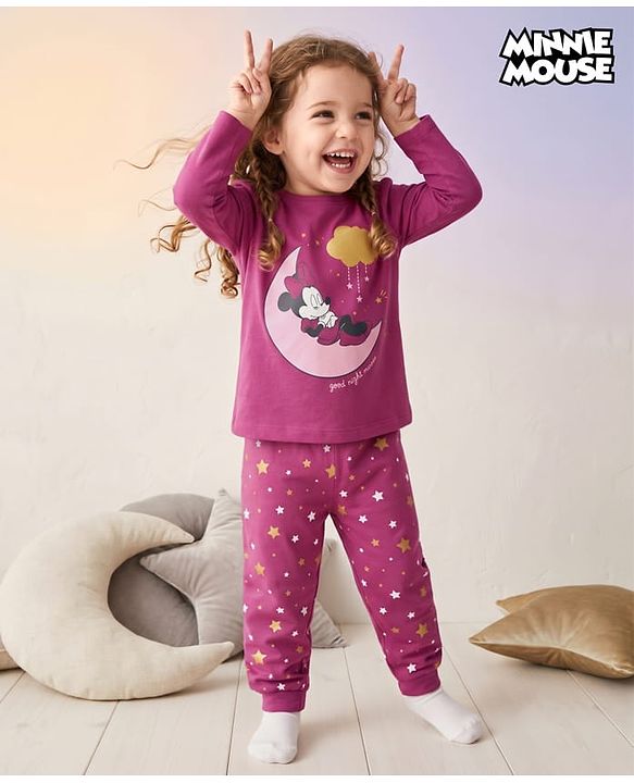 Babyhug Disney Single Jersey Knit Full Sleeves T-Shirt & Pyjama Night Suit with Minnie Mouse Graphic - Dark Pink