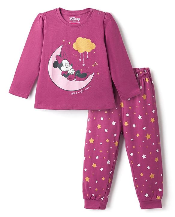 Babyhug Disney Single Jersey Knit Full Sleeves T-Shirt & Pyjama Night Suit with Minnie Mouse Graphic - Dark Pink