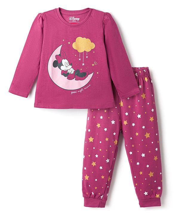 Babyhug Disney Single Jersey Knit Full Sleeves T-Shirt & Pyjama Night Suit with Minnie Mouse Graphic - Dark Pink