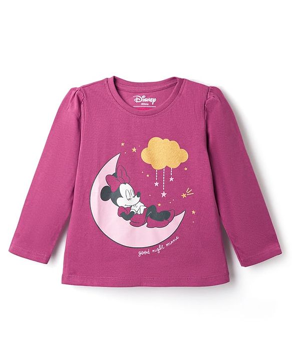 Babyhug Disney Single Jersey Knit Full Sleeves T-Shirt & Pyjama Night Suit with Minnie Mouse Graphic - Dark Pink