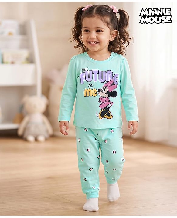 Babyhug Disney Single Jersey Knit Full Sleeves Minnie Mouse & Star Printed T-Shirt & Pajama Night Suit -  Sky