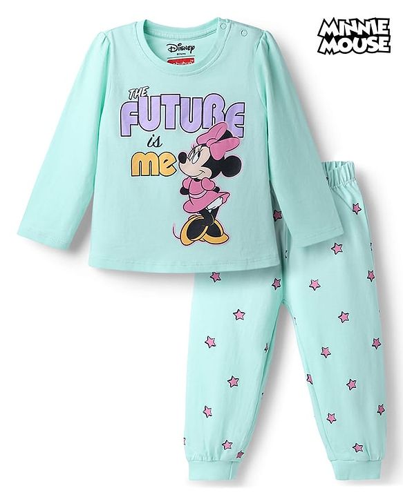 Babyhug Disney Single Jersey Knit Full Sleeves Minnie Mouse & Star Printed T-Shirt & Pajama Night Suit -  Sky