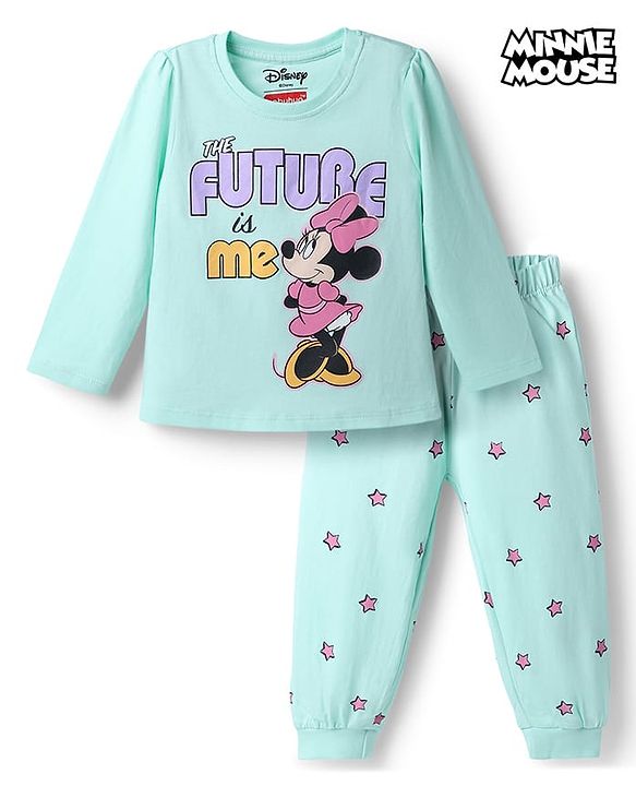 Babyhug Disney Single Jersey Knit Full Sleeves Minnie Mouse & Star Printed T-Shirt & Pajama Night Suit -  Sky