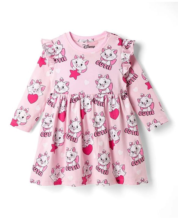 Babyhug Disney Single Jersey Knit Frock with Full Sleeves and Marie Graphic - Light Pink