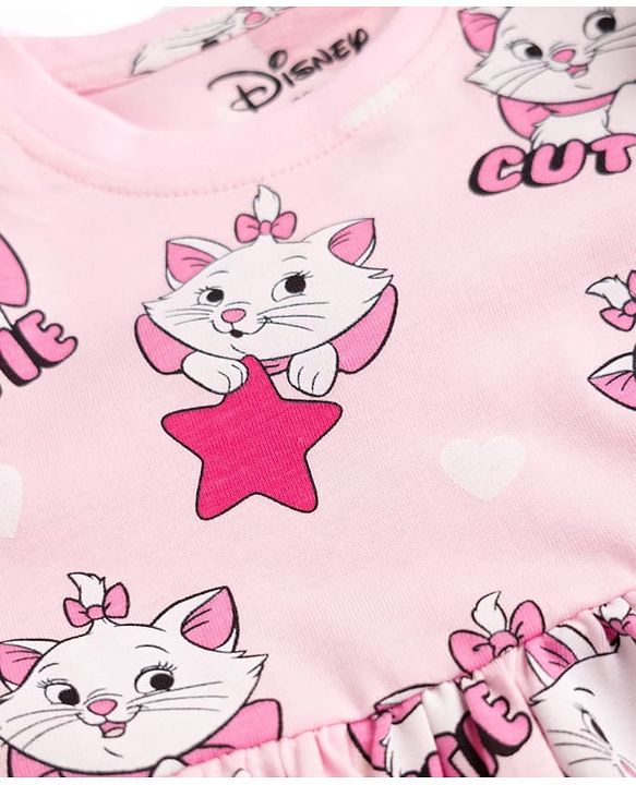 Babyhug Disney Single Jersey Knit Frock with Full Sleeves and Marie Graphic - Light Pink