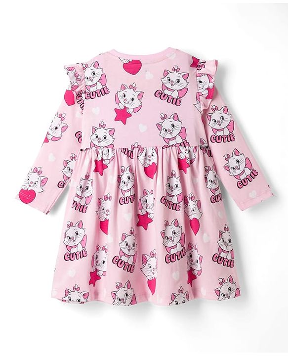 Babyhug Disney Single Jersey Knit Frock with Full Sleeves and Marie Graphic - Light Pink
