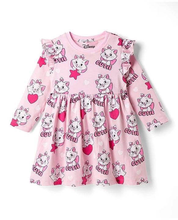 Babyhug Disney Single Jersey Knit Frock with Full Sleeves and Marie Graphic - Light Pink