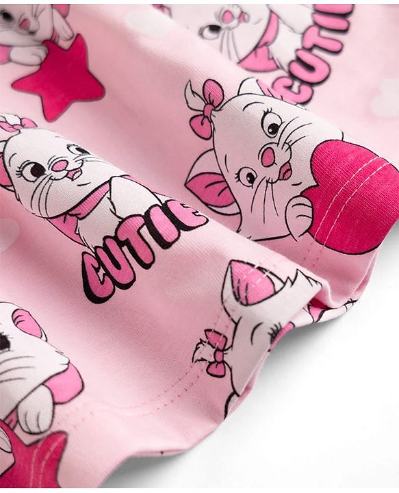 Babyhug Disney Single Jersey Knit Frock with Full Sleeves and Marie Graphic - Light Pink
