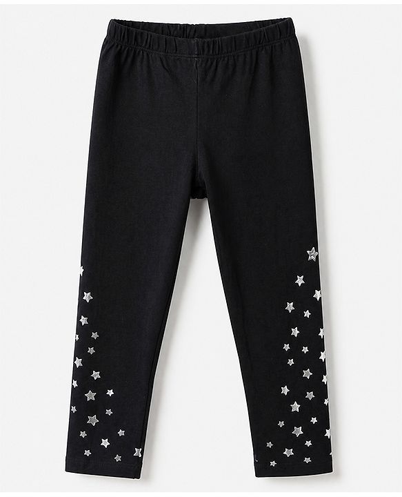 Babyhug Cotton Lycra Knit Slim Fit Full Length Leggings with Stars Foil Print in Black