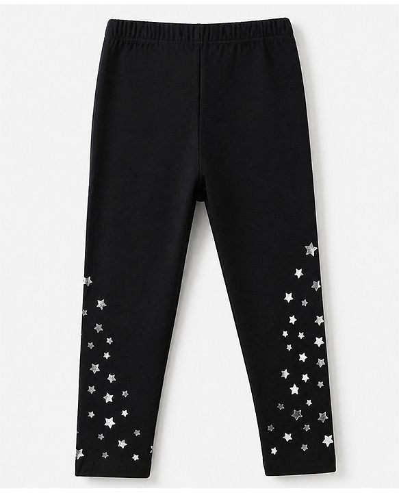 Babyhug Cotton Lycra Knit Slim Fit Full Length Leggings with Stars Foil Print in Black