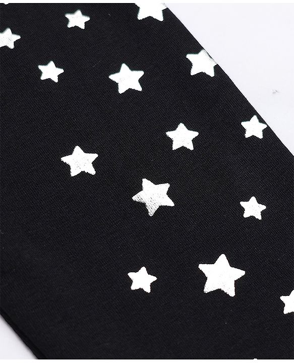 Babyhug Cotton Lycra Knit Slim Fit Full Length Leggings with Stars Foil Print in Black