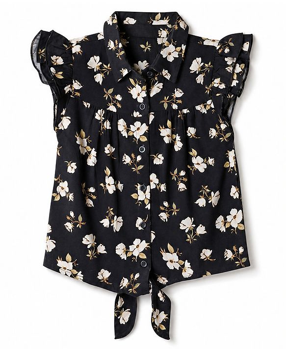 Pine Kids Viscose Woven Knotted Top with Flutter Sleeve with Floral Print - Black