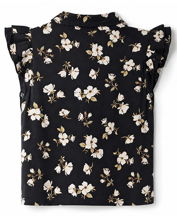 Pine Kids Viscose Woven Knotted Top with Flutter Sleeve with Floral Print - Black