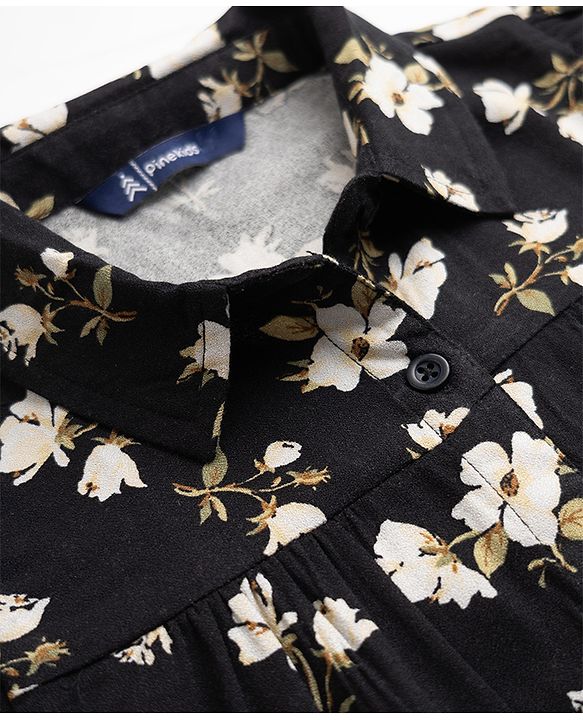 Pine Kids Viscose Woven Knotted Top with Flutter Sleeve with Floral Print - Black