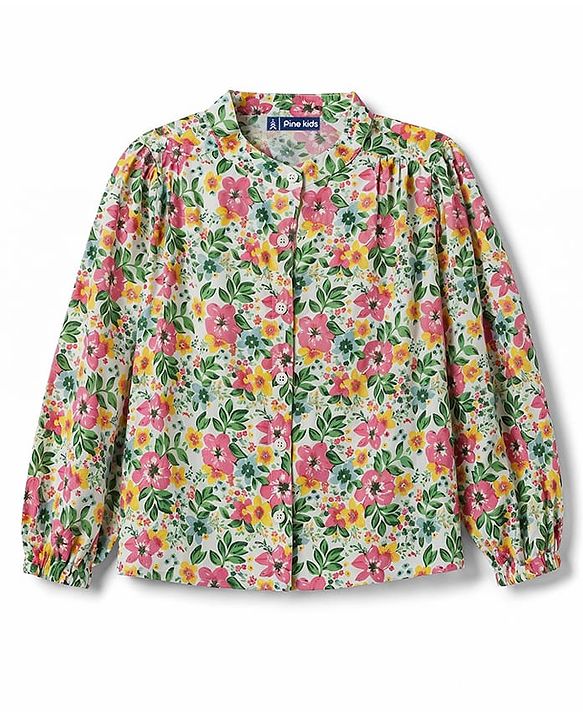Pine Kids Viscose Woven Full Sleeves Floral Printed Top - Light Green
