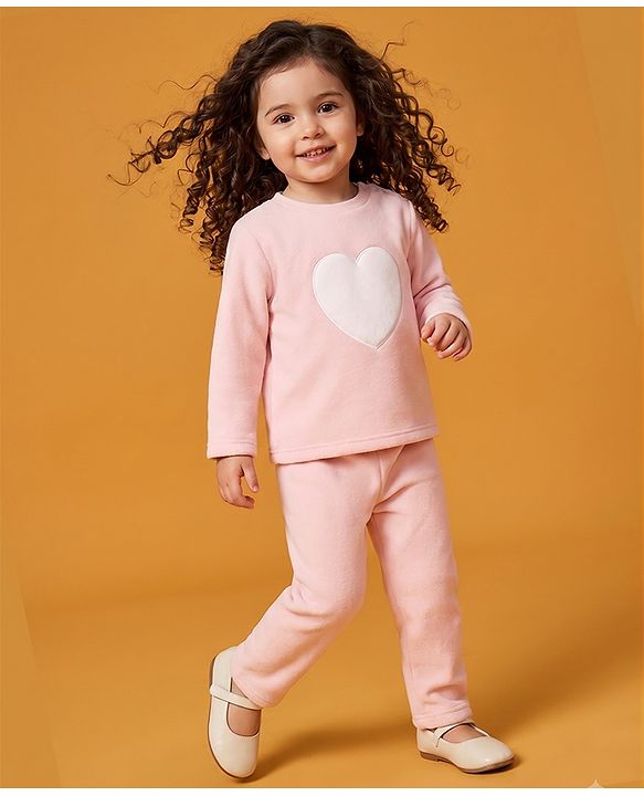 Babyhug Fur Woven Full Length Winter Wear Suit With Heart Patch - Pink