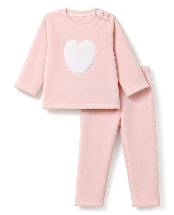 Babyhug Fur Woven Full Length Winter Wear Suit With Heart Patch - Pink