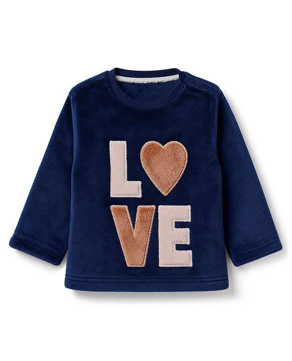 Babyhug Full Sleeves Fur Woven Full Length WInter Wear Suit With Text Print - Navy Blue