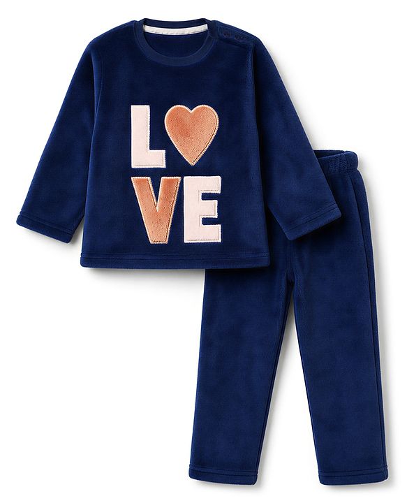 Babyhug Full Sleeves Fur Woven Full Length WInter Wear Suit With Text Print - Navy Blue