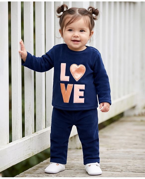 Babyhug Full Sleeves Fur Woven Full Length WInter Wear Suit With Text Print - Navy Blue