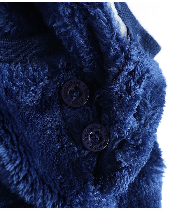Babyhug Full Sleeves Fur Woven Full Length WInter Wear Suit With Text Print - Navy Blue