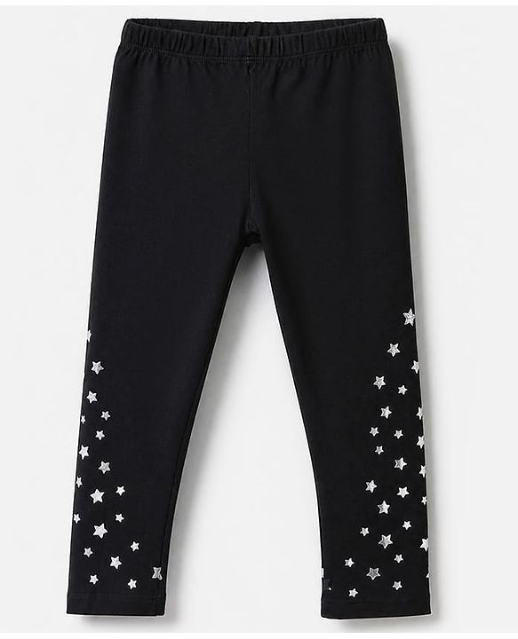 Babyhug Cotton Elastane Knit Full Length Leggings with Stars Print in Black