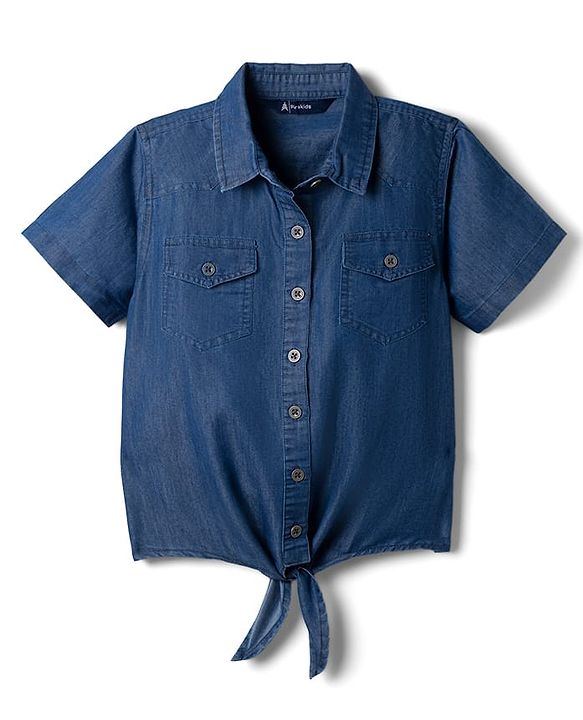 Pine Kids 100% Cotton Woven Denim Top with Half Sleeves & Knot in Navy Blue