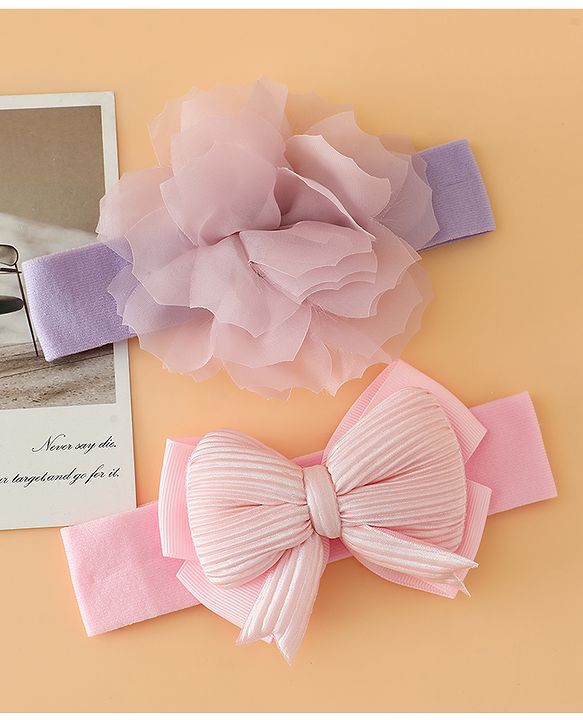 Babyhug Headbands Free Size With Bow & Lace Applique - Pink & Purple