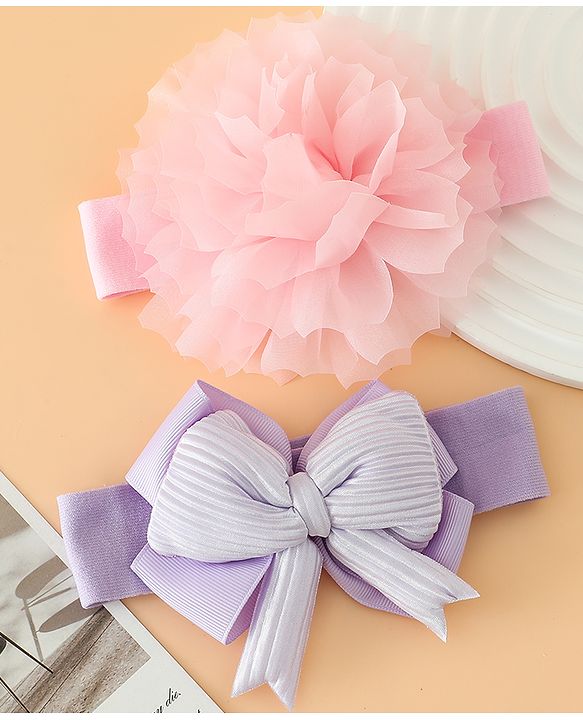 Babyhug Headbands Free Size With Bow & Lace Applique - Pink & Purple